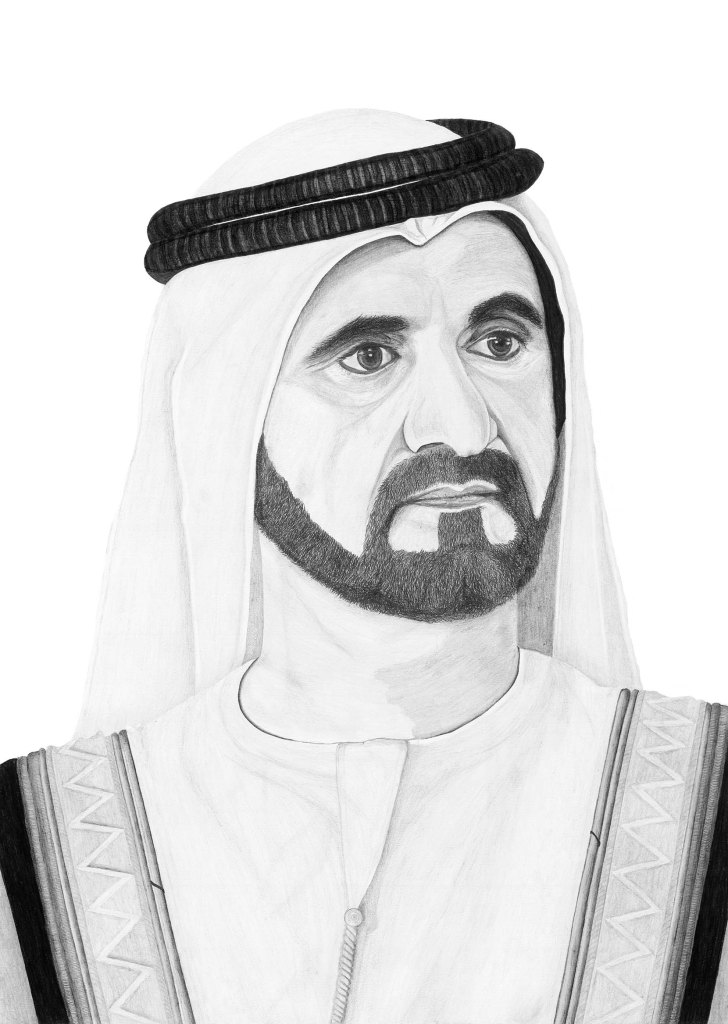 Sheikh Mohammed, Prime Minister of the UAE and Ruler of Dubai, drawing by Debbie New