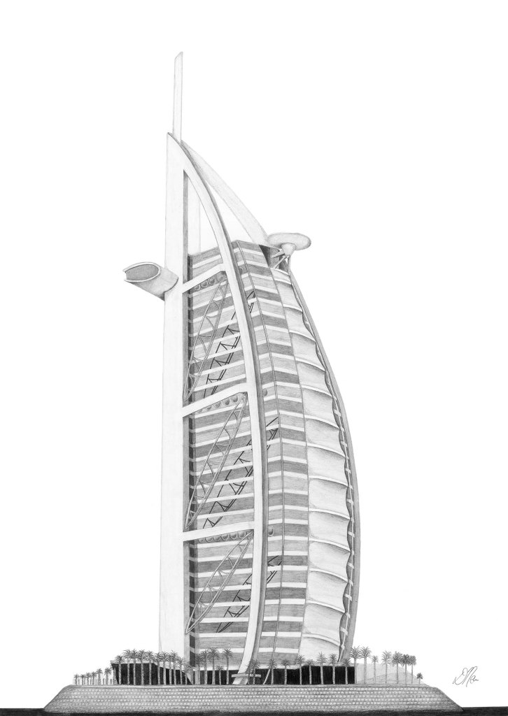 Hotels in Dubai, Burj Al Arab pencil drawing sketch by Debbie New Fine Artist
